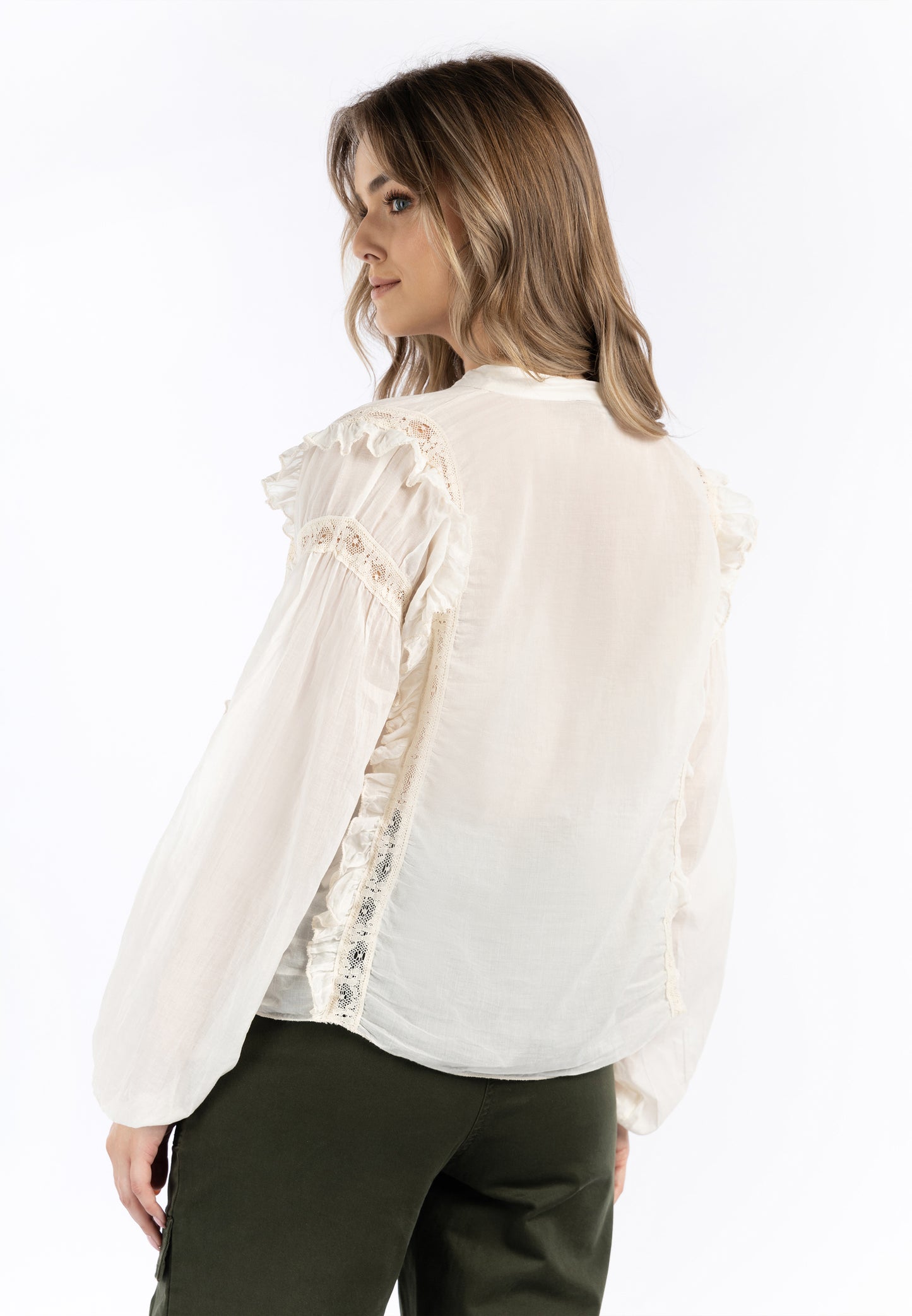 DreiMaster Vintage Damen-Baumwollbluse mit Spitze und Rüschen