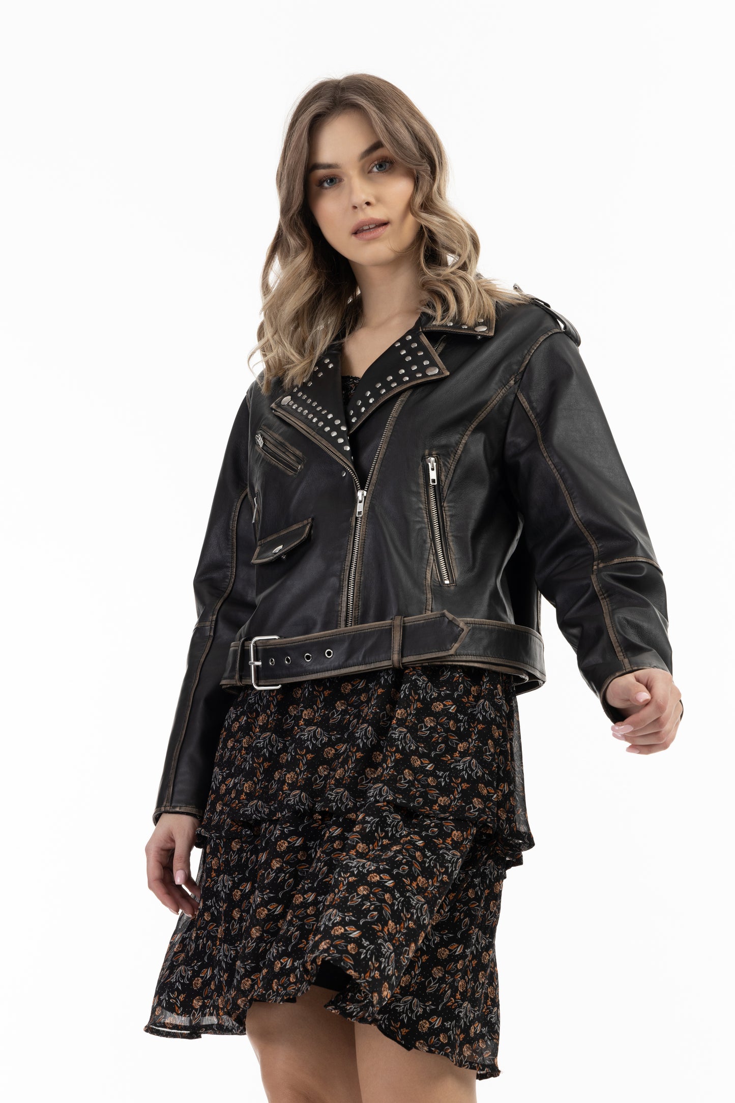 DreiMaster Vintage Damen Biker Stil Lederjacke